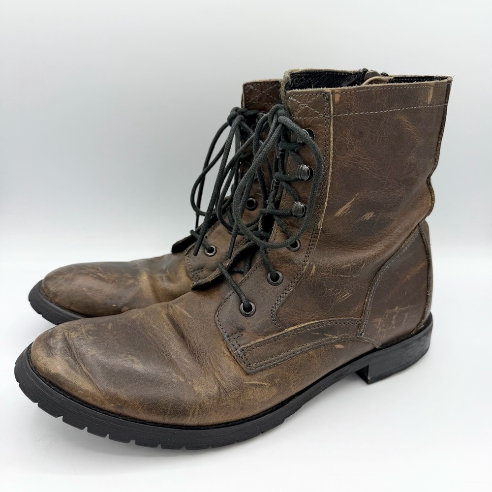 Bed Stu Brown Leather Boots lace up side zip distressed upper